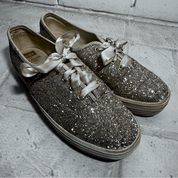 Kate Spade Keds Womens 7.5 Silver Glitter Platform Sneakers Fashion Shoes - Picture 10 of 12